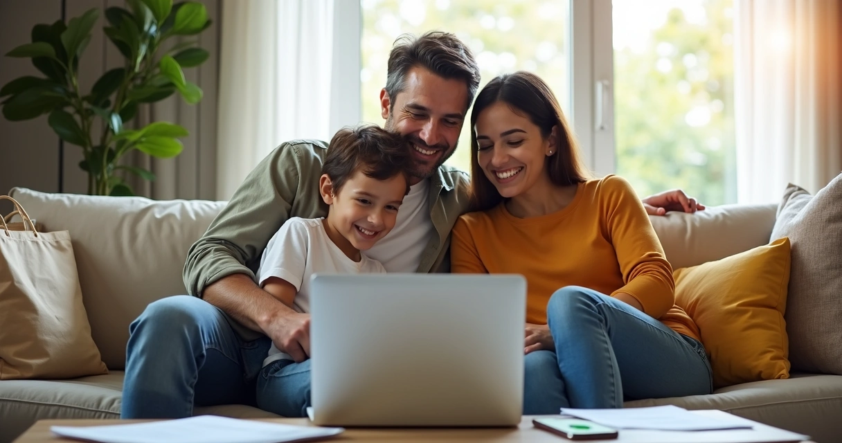 Família sentada no sofá fazendo compra online com notebook de forma segura 