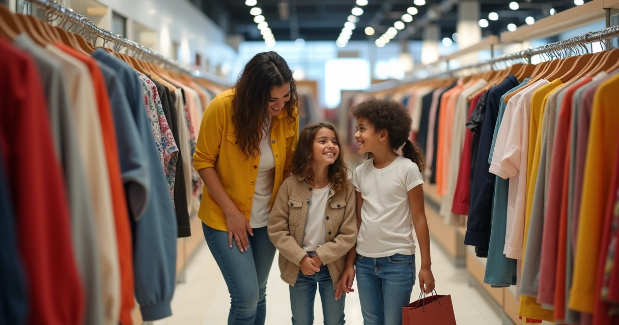 Família com crianças escolhendo roupas em outlet de Orlando 