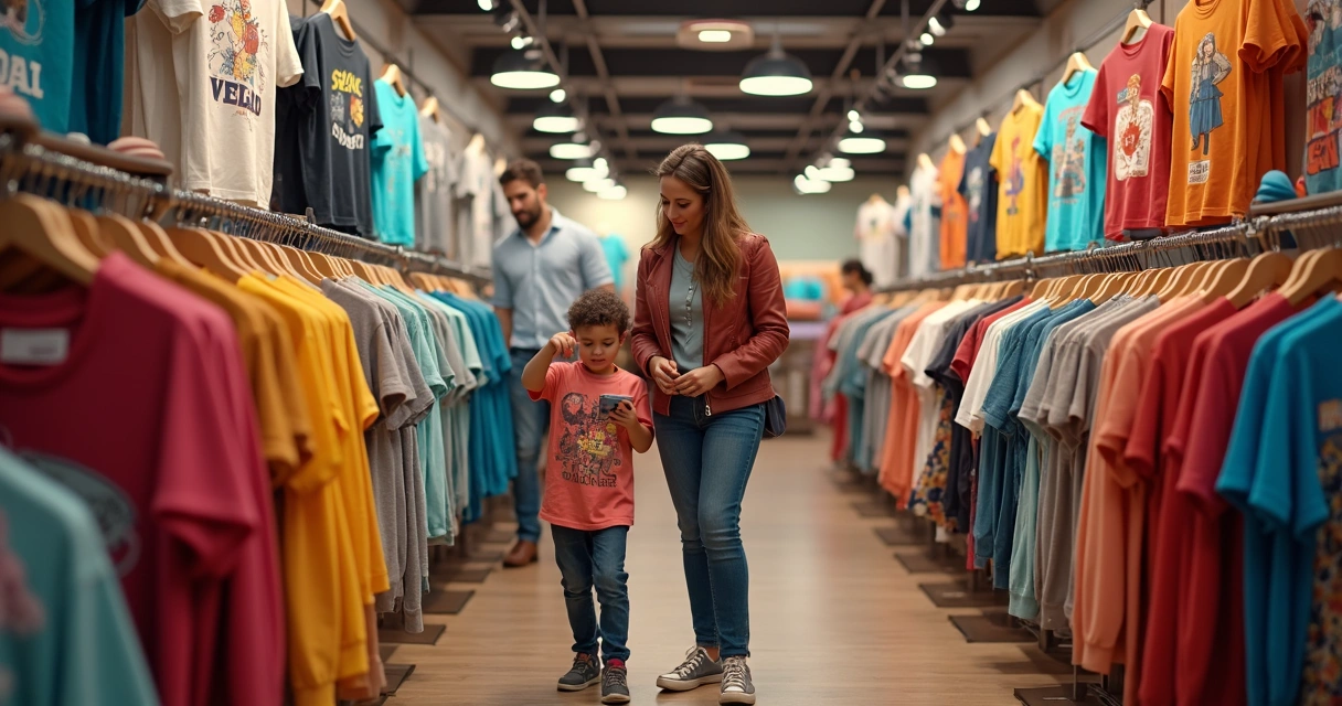 Família escolhendo roupas tamanho XL em loja de parque temático em Orlando