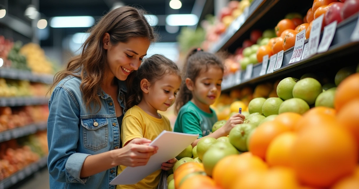Família observando frutas frescas no supermercado 