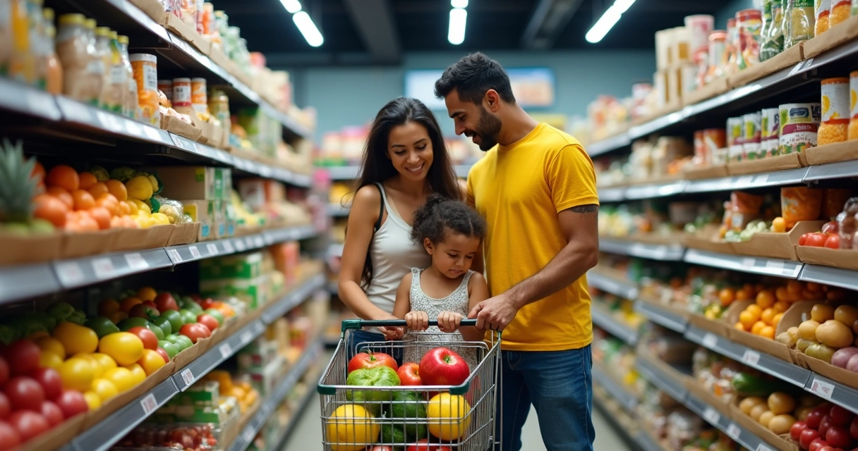 Casal brasileiro com filho fazendo compras em supermercado de Orlando 
