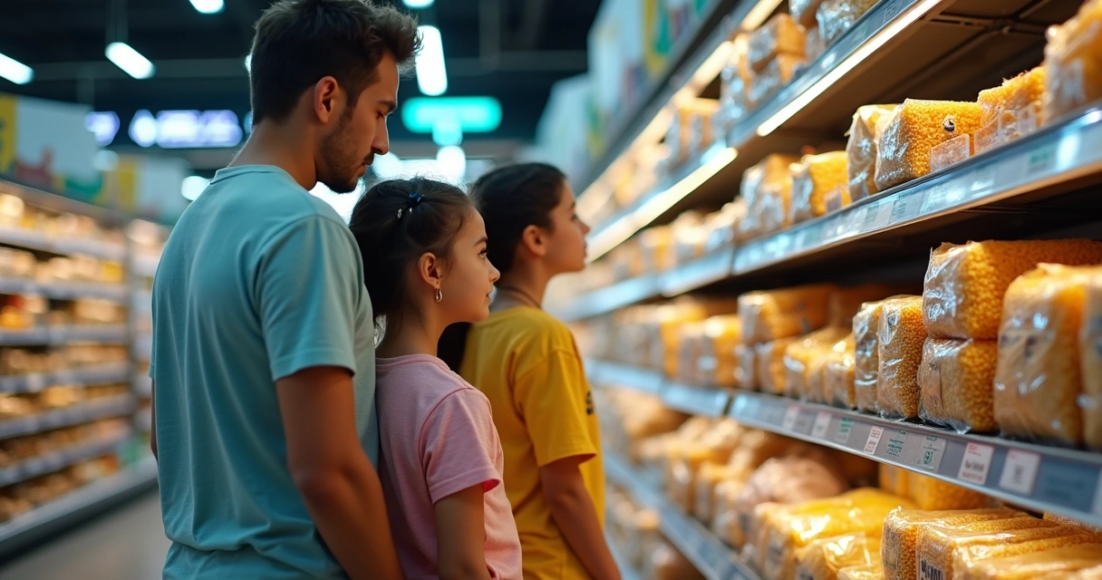 Família brasileira analisando prateleira cheia no supermercado 