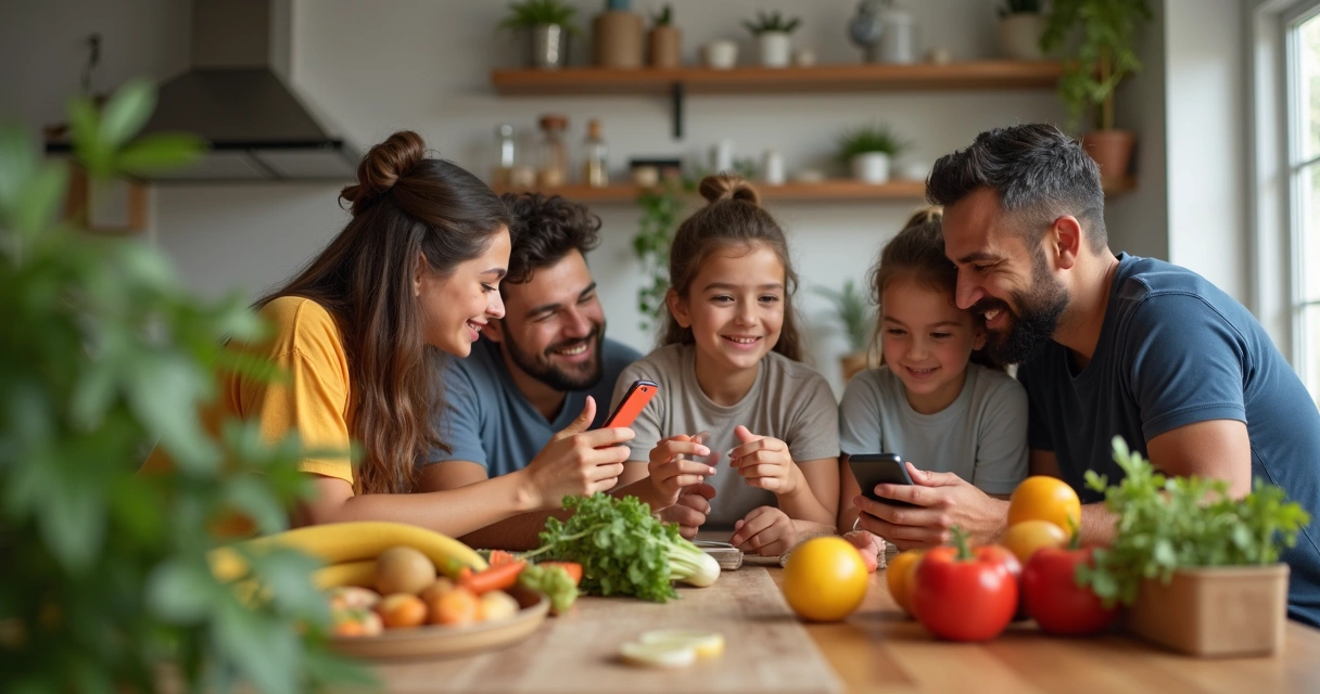 Família reunida na cozinha organizando compras ao lado de um smartphone com assistente virtual 