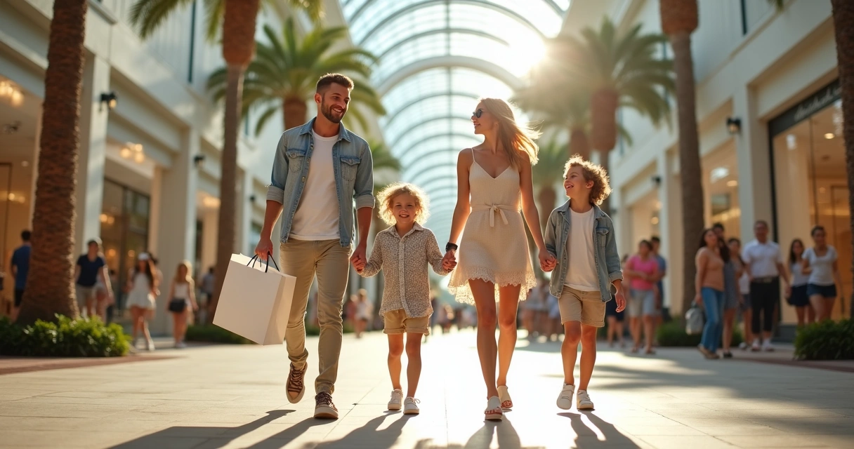 Família caminhando com sacolas de compras dentro do shopping elegante 