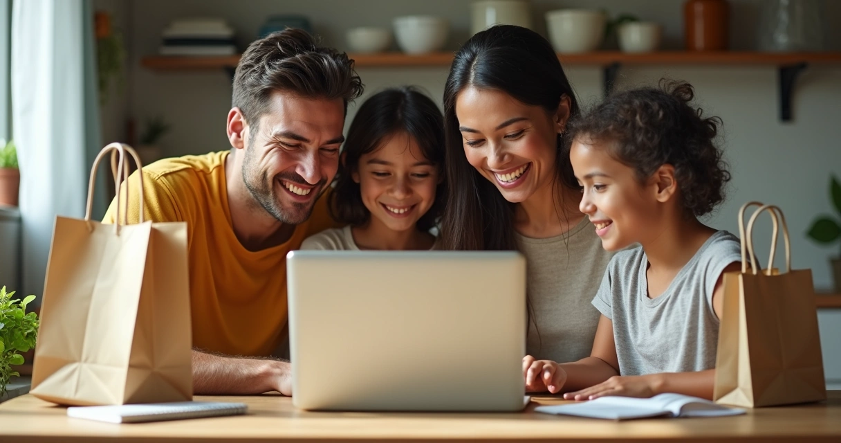 Família reunida com notebook e lista de supermercado ao redor da mesa 