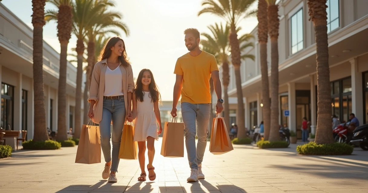 Família brasileira sorridente com sacolas de compras no outlet 