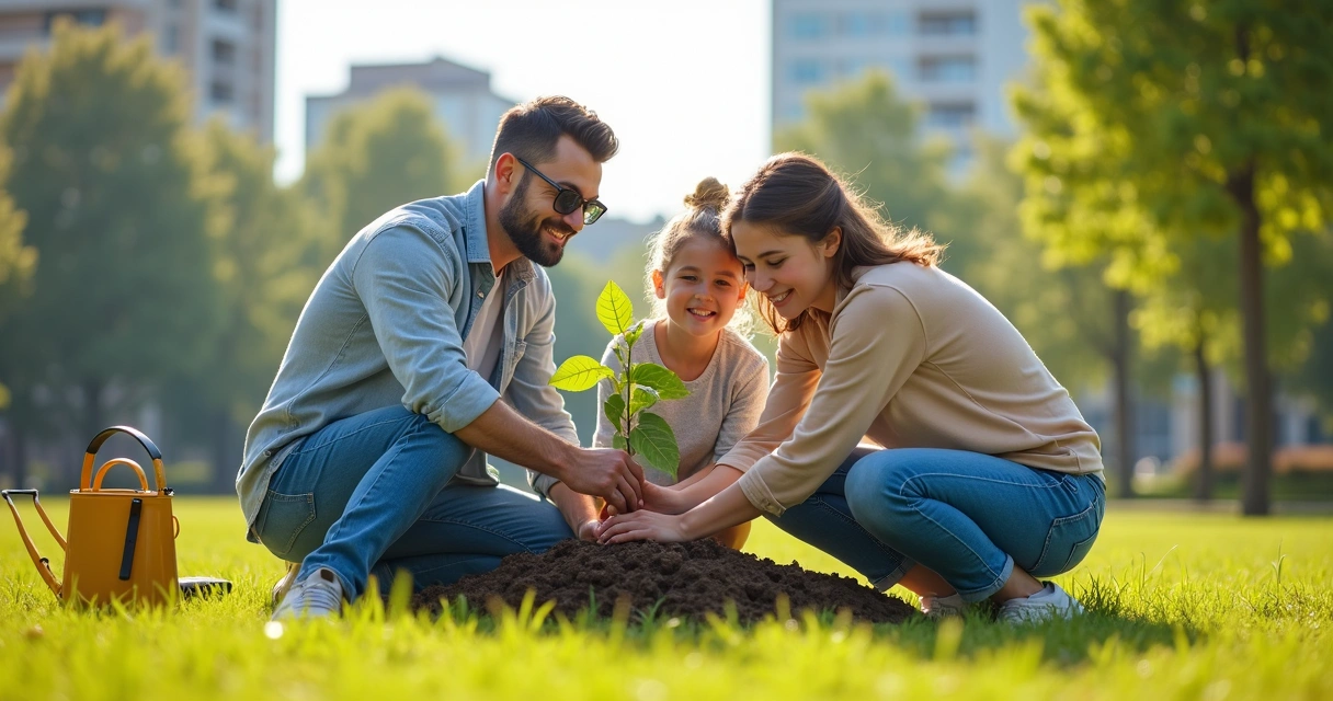 Familia plantando un árbol en un parque soleado