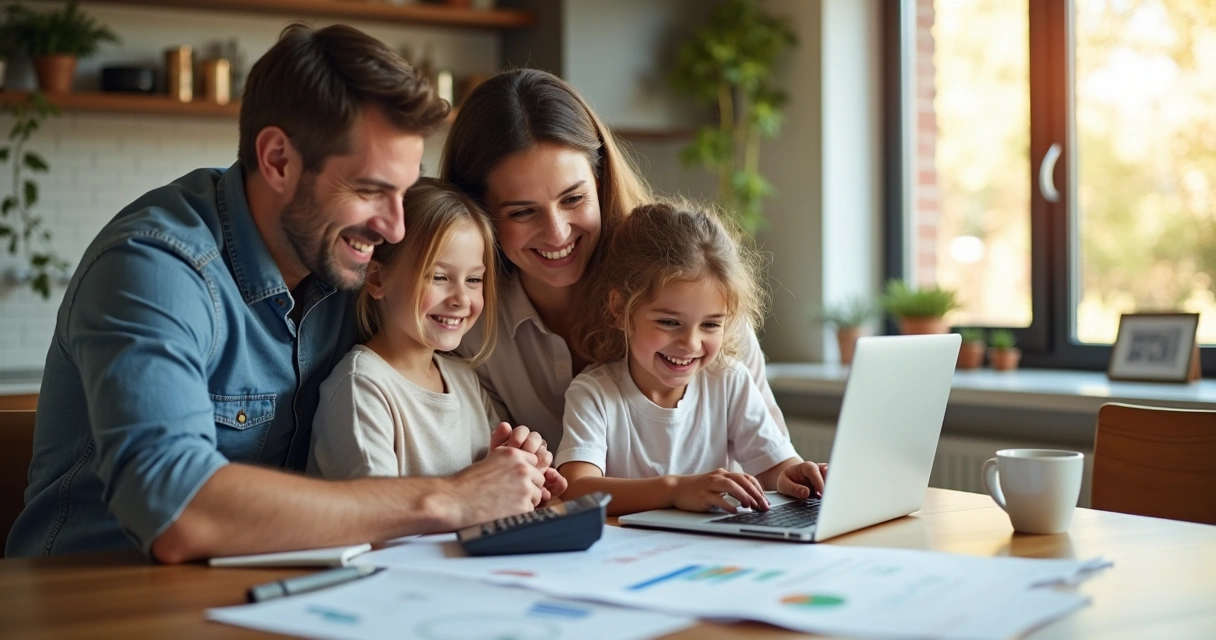 Família reunida usando computador para organizar finanças domésticas 