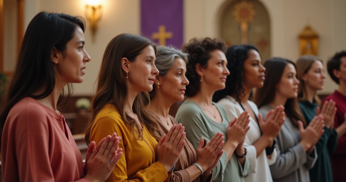Mulheres reunidas em círculo, orando juntas em ambiente de igreja decorada com detalhes dourados e luz suave 