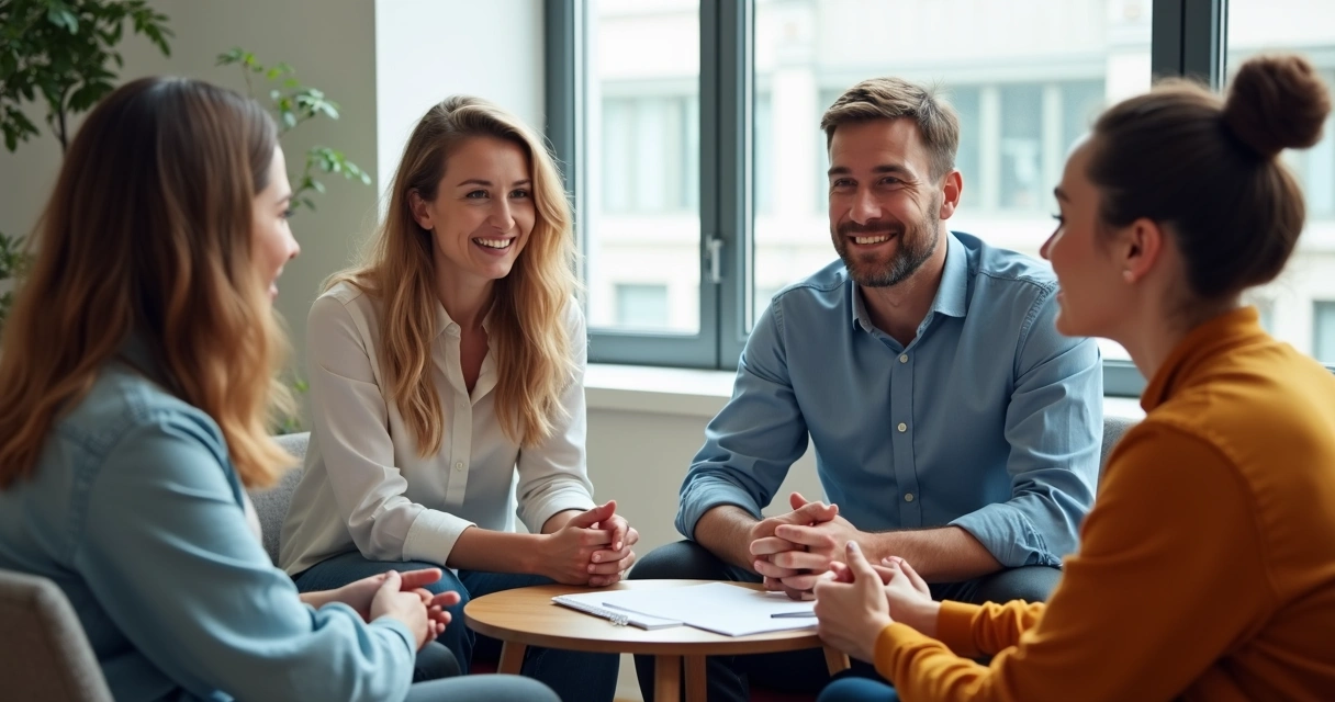 Quatro pessoas sentadas em círculo, em conversa aberta