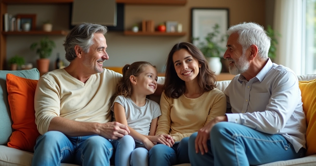 Família sentada em um sofá conversando abertamente 