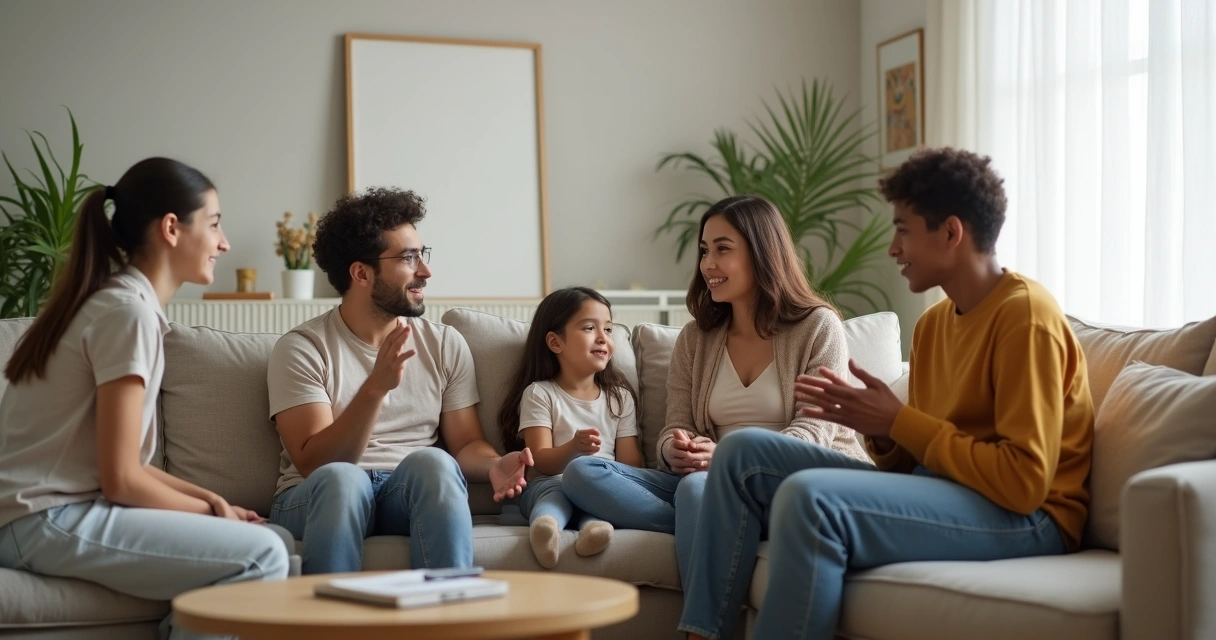 Família sentada no sofá conversando com atenção e escuta ativa 