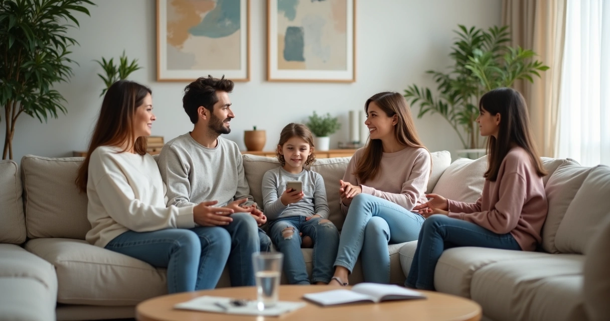 Família sentada no sofá conversando com escuta atenta e acolhedora 