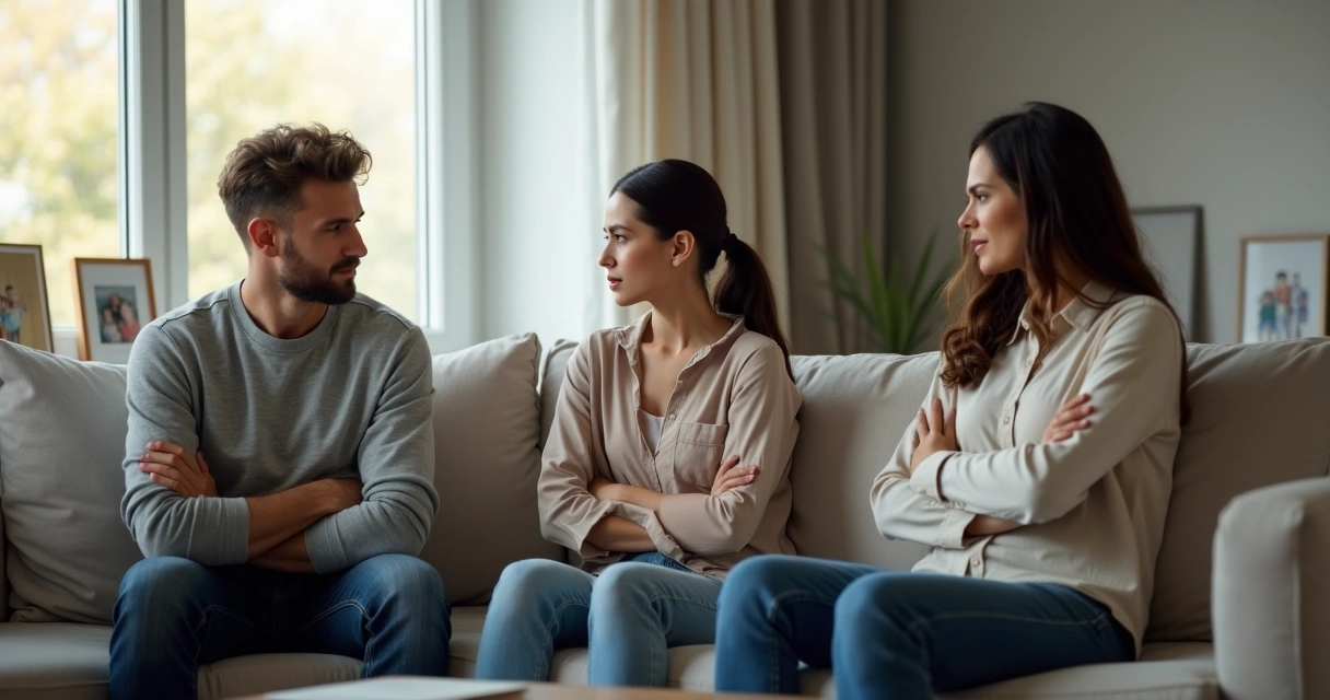 Pai e mãe sentados em sala de estar, conversando com o filho adolescente, expressões tensas e desconforto no ambiente 