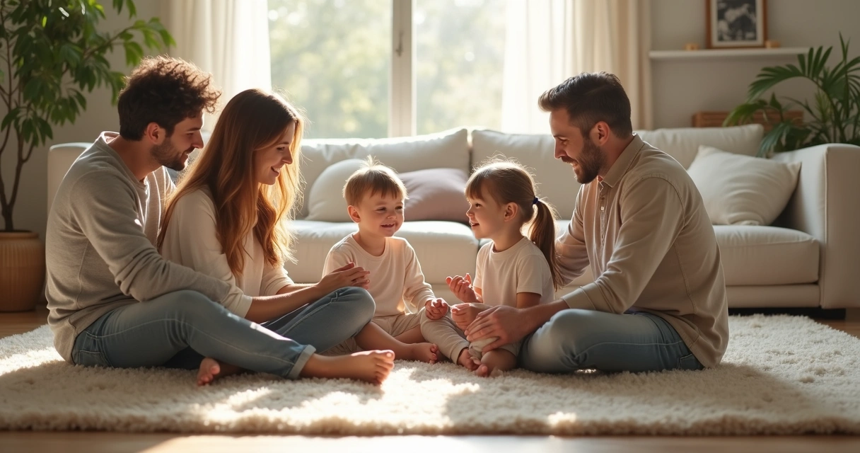 Família sentada em círculo, conversando de forma tranquila em ambiente aconchegante 