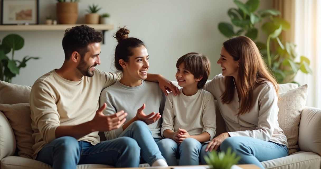 Família conversando unida no sofá da sala com clima de harmonia e conexão 