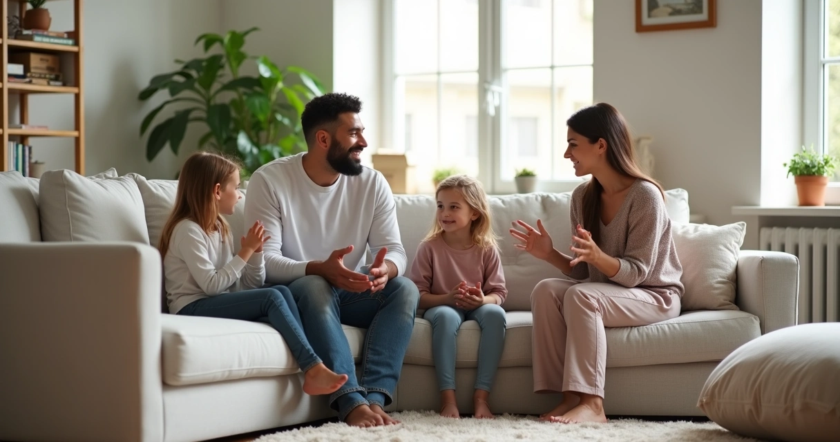 Família sentada na sala conversando com calma e escutando com atenção 