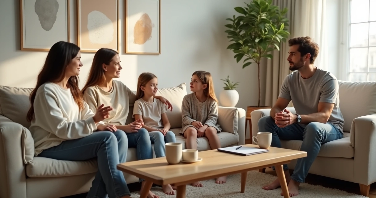 Família sentada na sala conversando de forma calma e respeitosa 