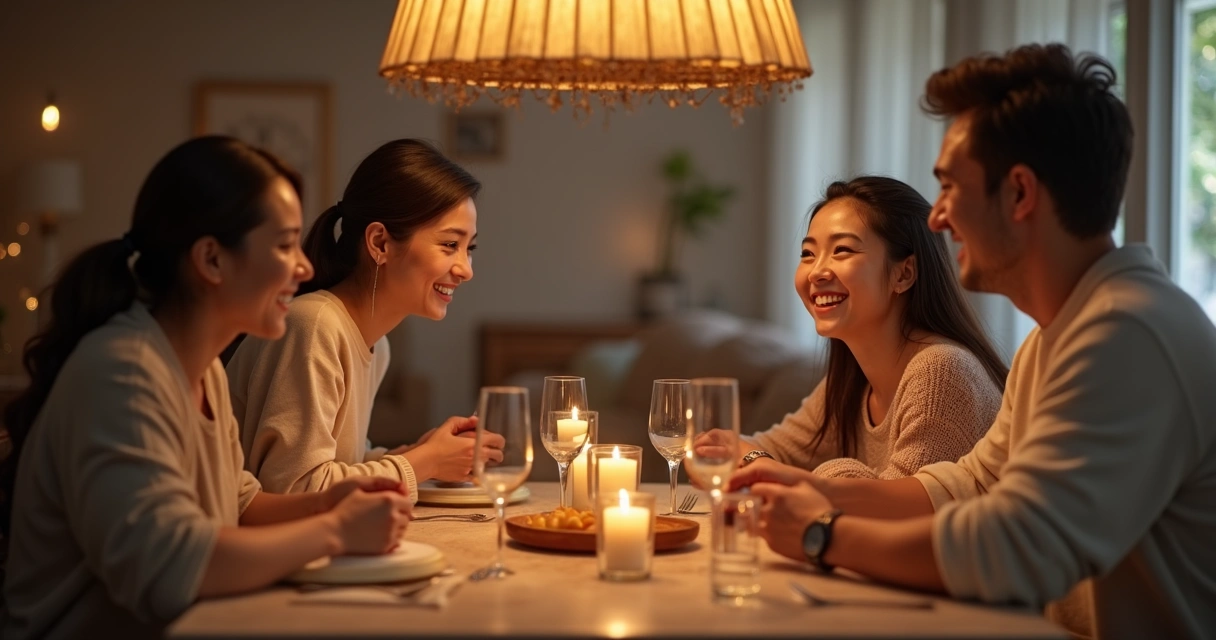 Família sentada à mesa trocando olhares e expressões faciais