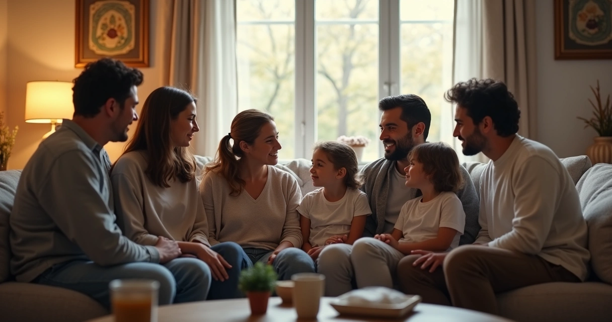 Pais e filhos conversando sentados em roda em uma sala aconchegante 