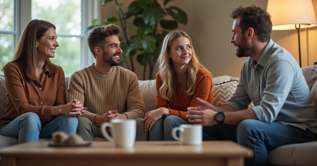 Família sentada em sala conversando em clima de escuta