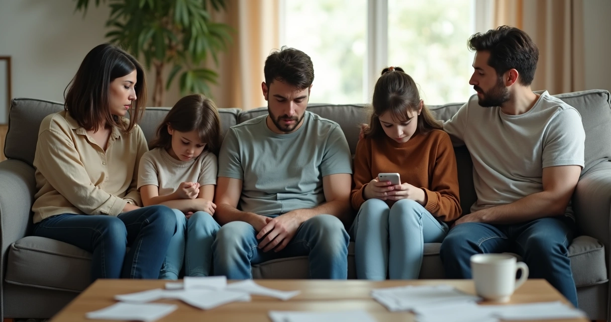 Família sentada no sofá com clima tenso e distante 