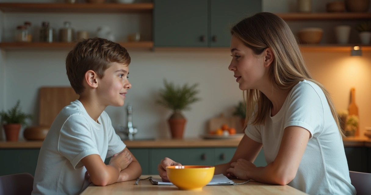 Dos miembros de una familia hablando de manera honesta en una cocina moderna 