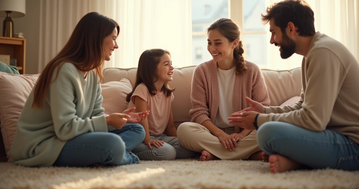 Familia sentada en la sala conversando con gestos de escucha activa 