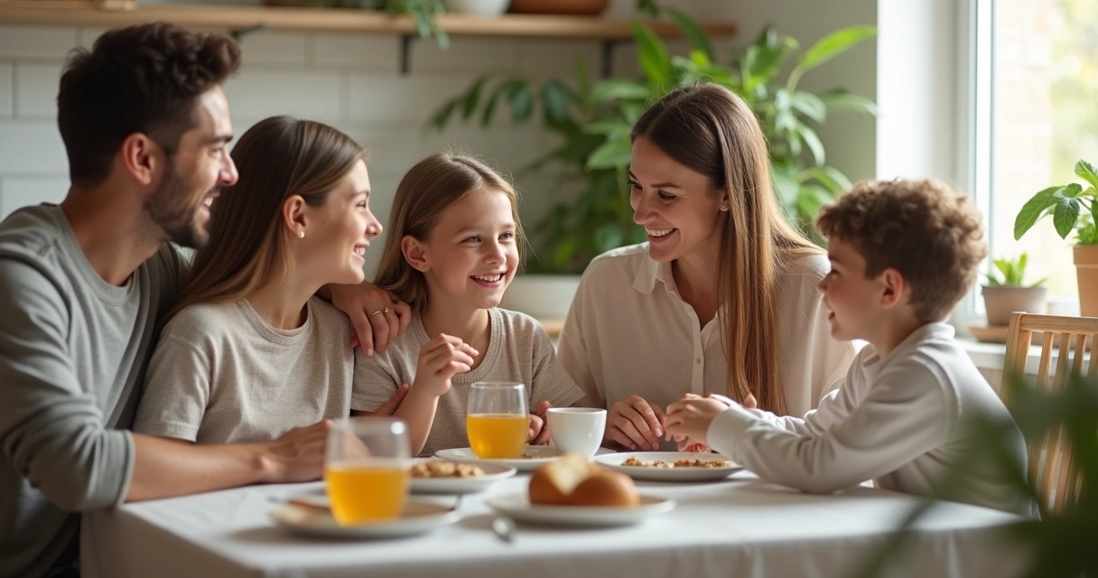 Familia intercambiando miradas y sonrisas sentados en una mesa 