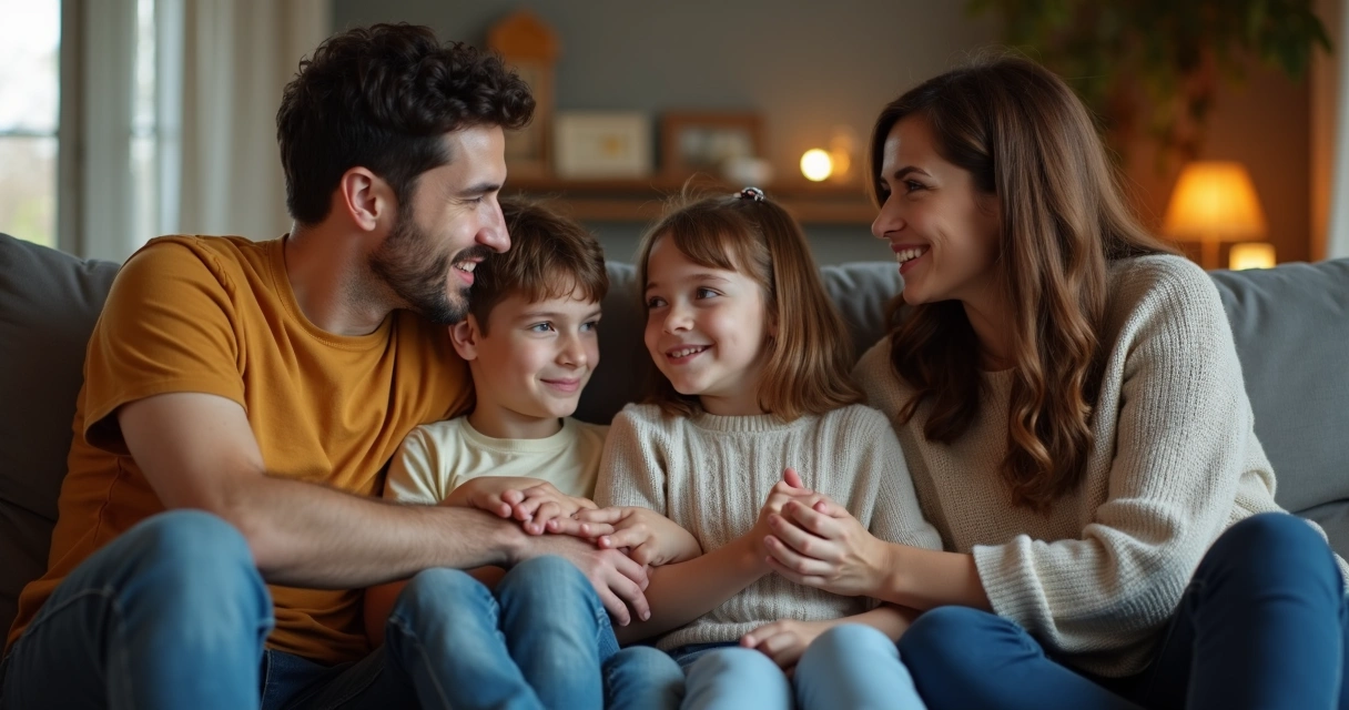 Familia sentada en círculo compartiendo miradas y gestos