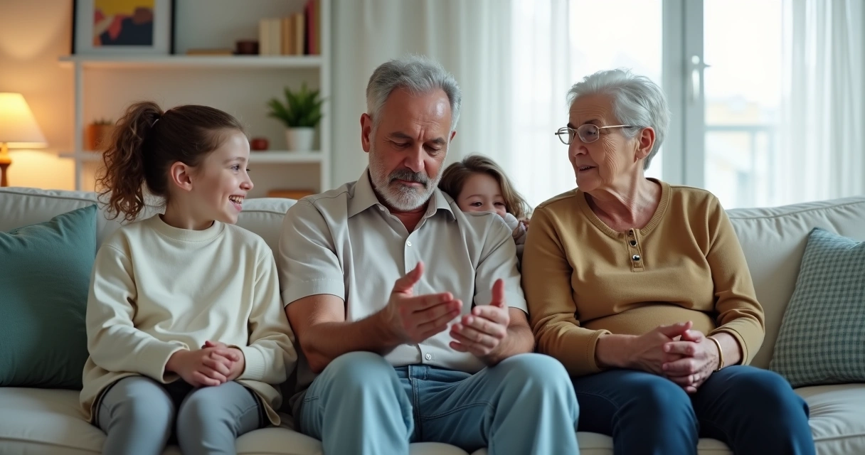 Familia sentada en el sofá mostrando distintos gestos de comunicación no verbal 