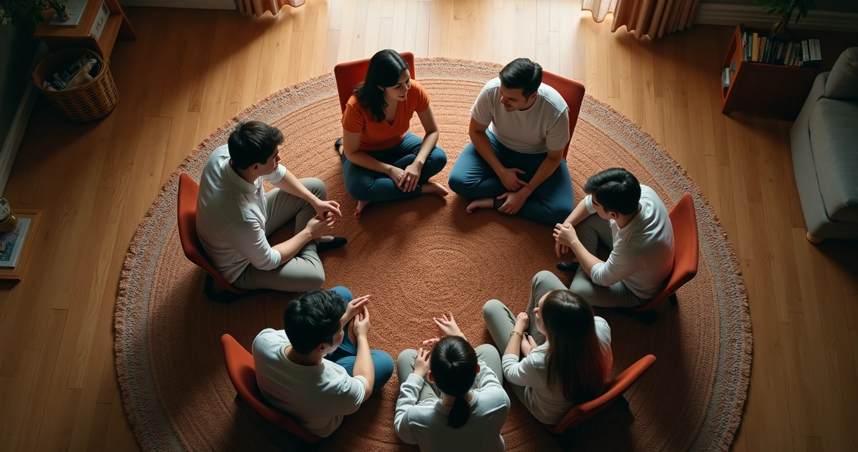Familia sentada conversando en círculo, vista desde arriba, líneas superpuestas representan conexiones. 