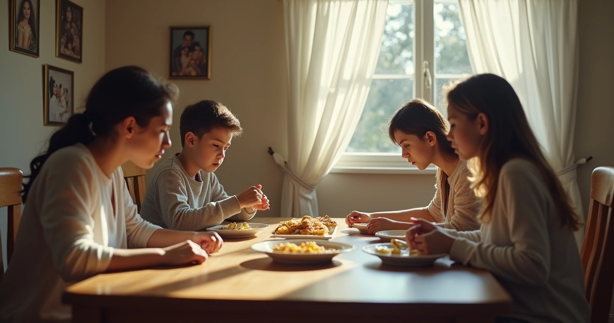 Familia sentada a la mesa evitando mirar a los ojos. 