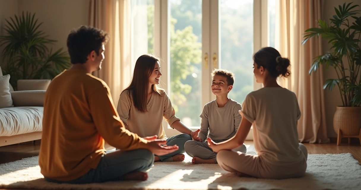 Família sentada em círculo conversando serenamente após meditação