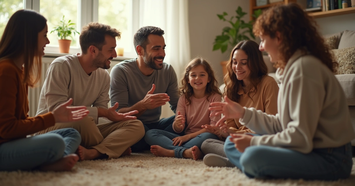 Família sentada junta conversando sobre sentimentos 