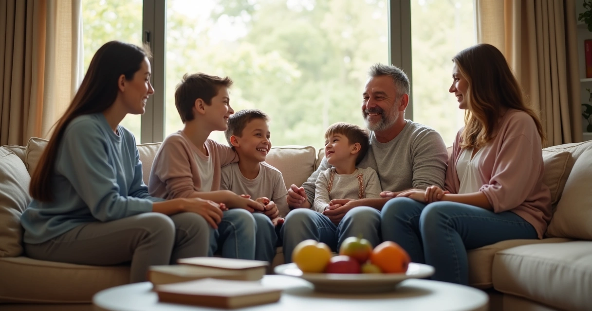 Família reunida no sofá, conversando atentamente 