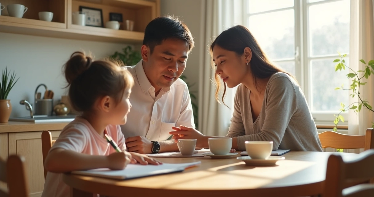 Familia conversando en la mesa con distancia y calma
