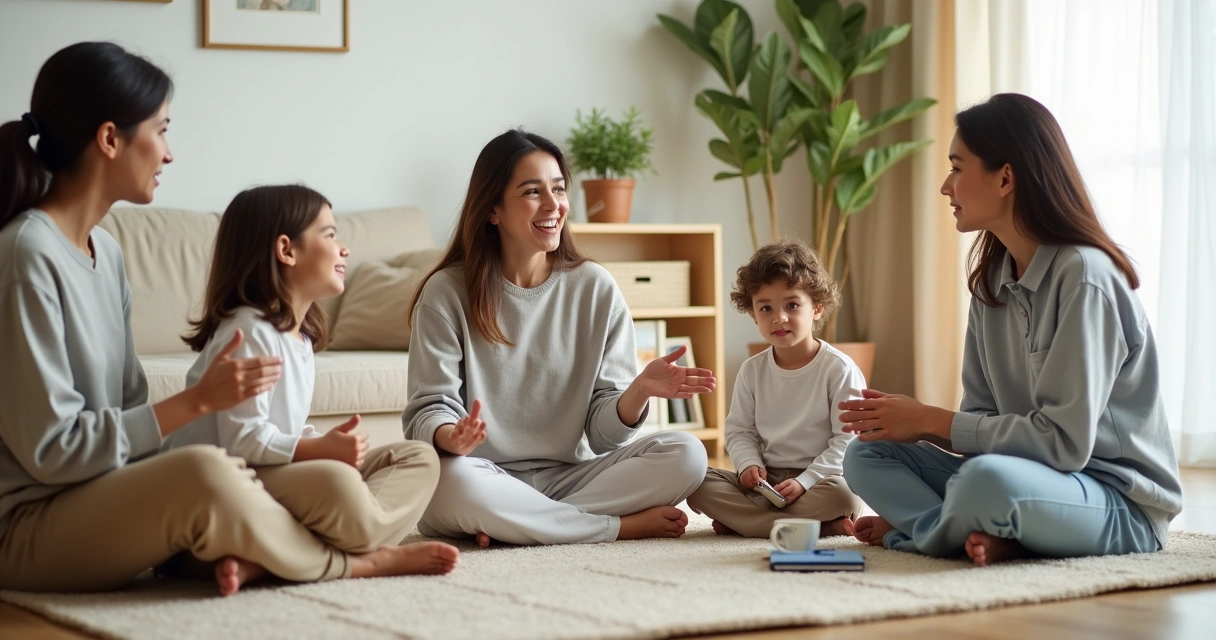 Familia sentada en el salón conversando con calma y conexión emocional 