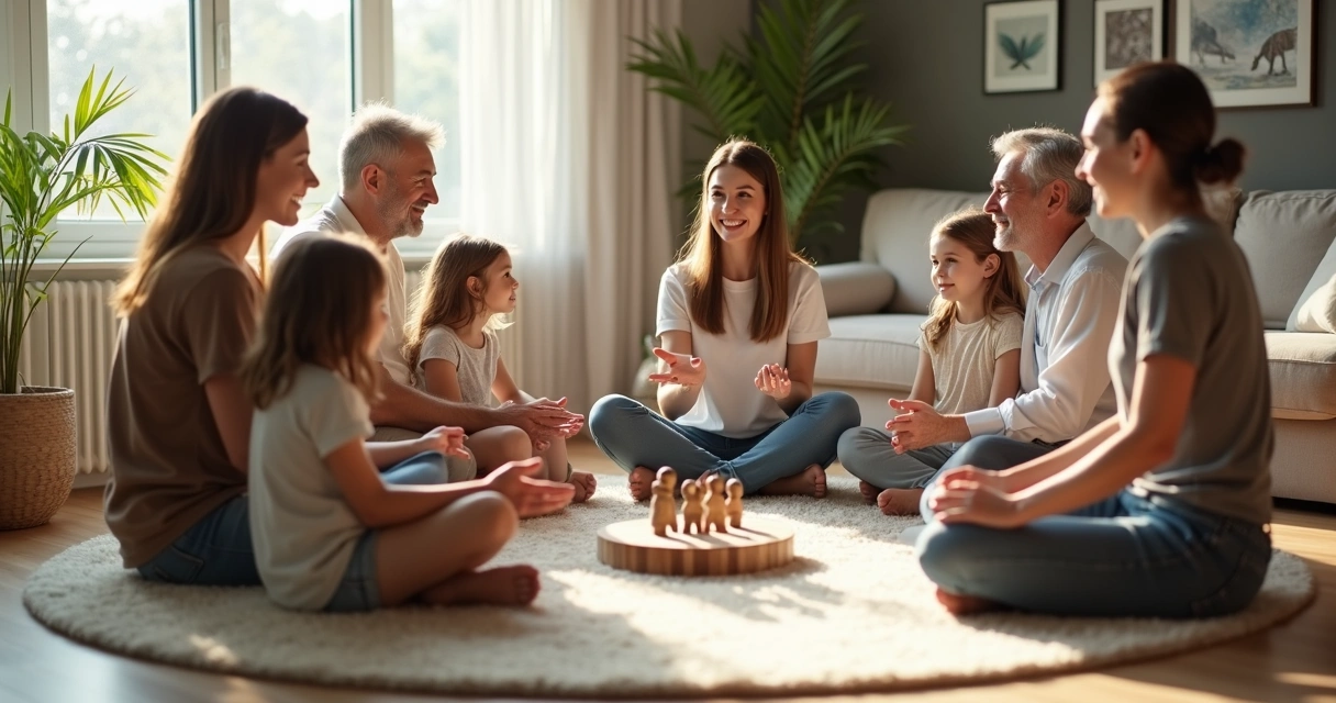 Familia sentada en círculo en la sala trabajando la conciencia sistémica con un terapeuta 