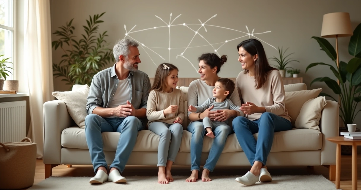 Familia sentada en un sofá conectando y conversando con calma 
