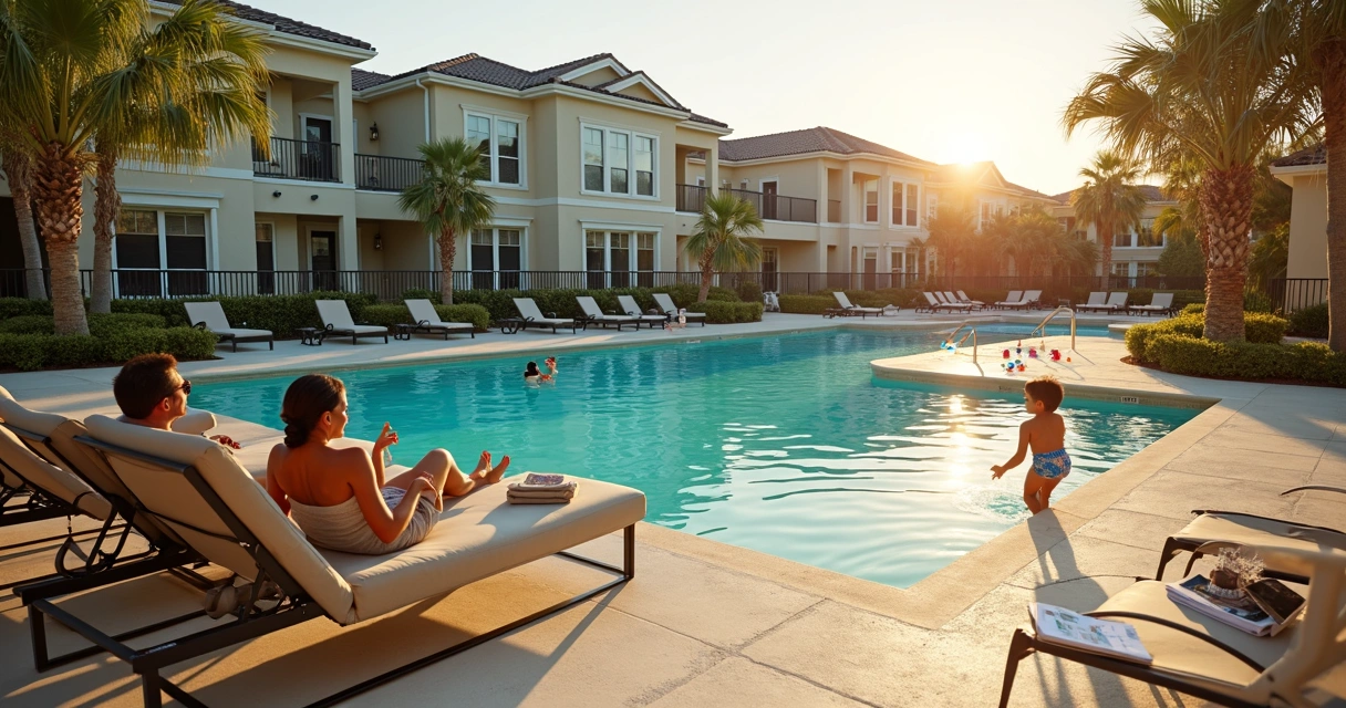 Família brasileira relaxando em área de piscina de condomínio em Kissimmee 