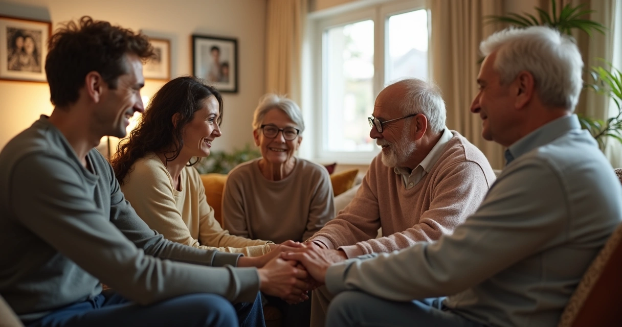 Familia reunida en círculo con manos unidas