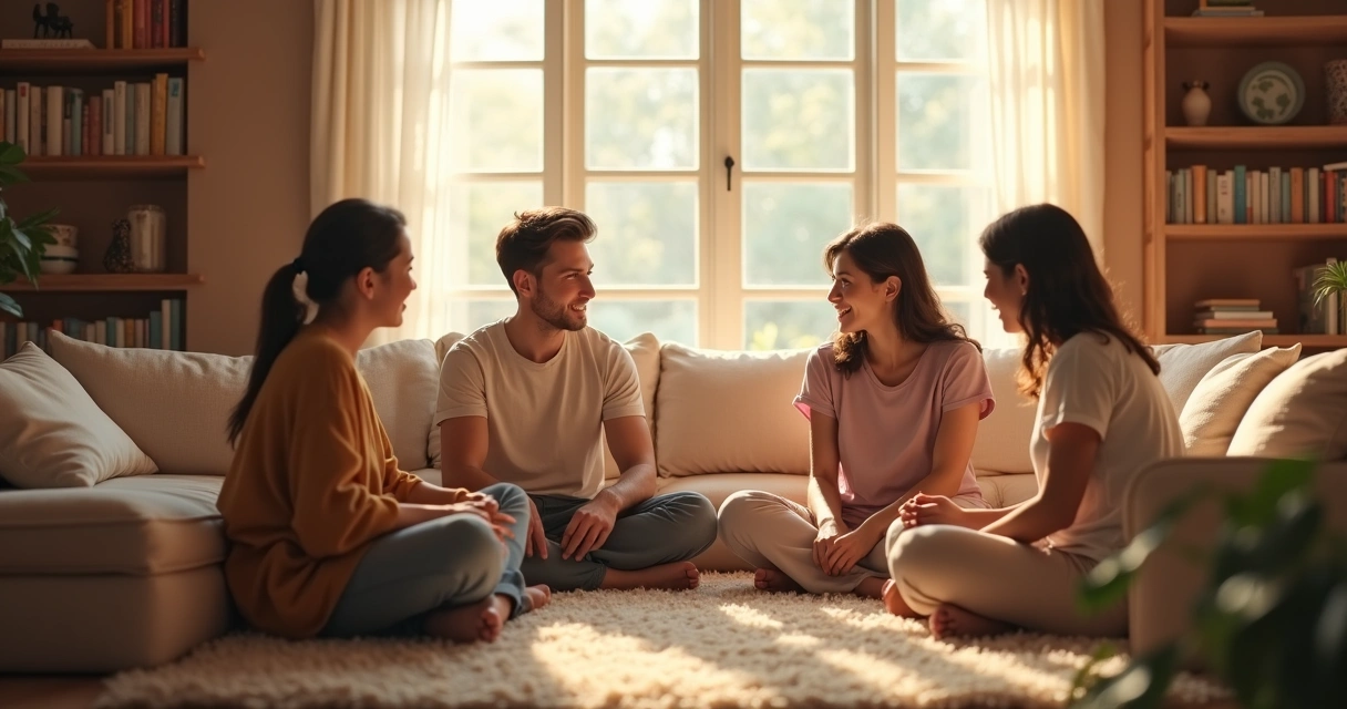 Familia conversando en círculo en una sala iluminada. 