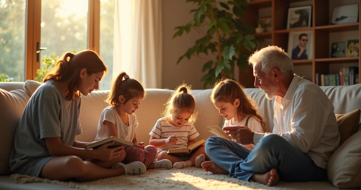 Família na sala conectada por padrões sutis de energia luminosa 