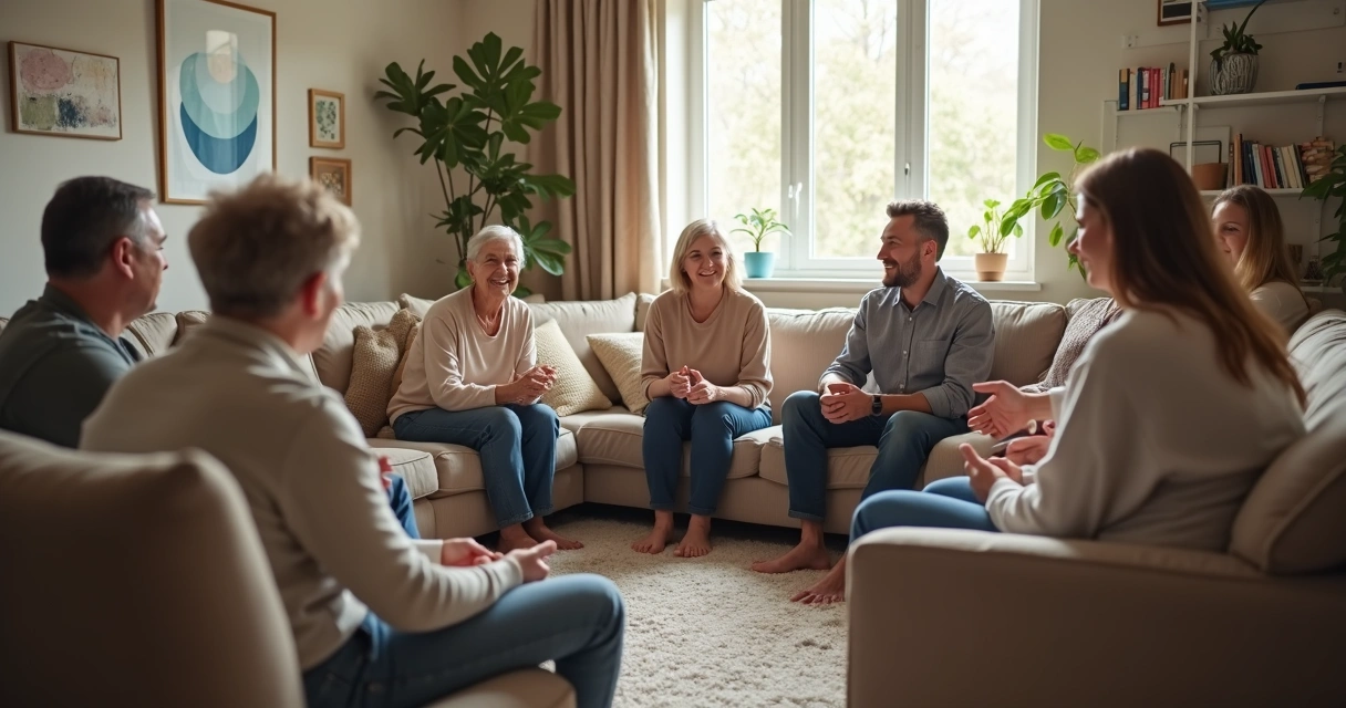 Família sentada em círculo em sala iluminada conversando com calma 