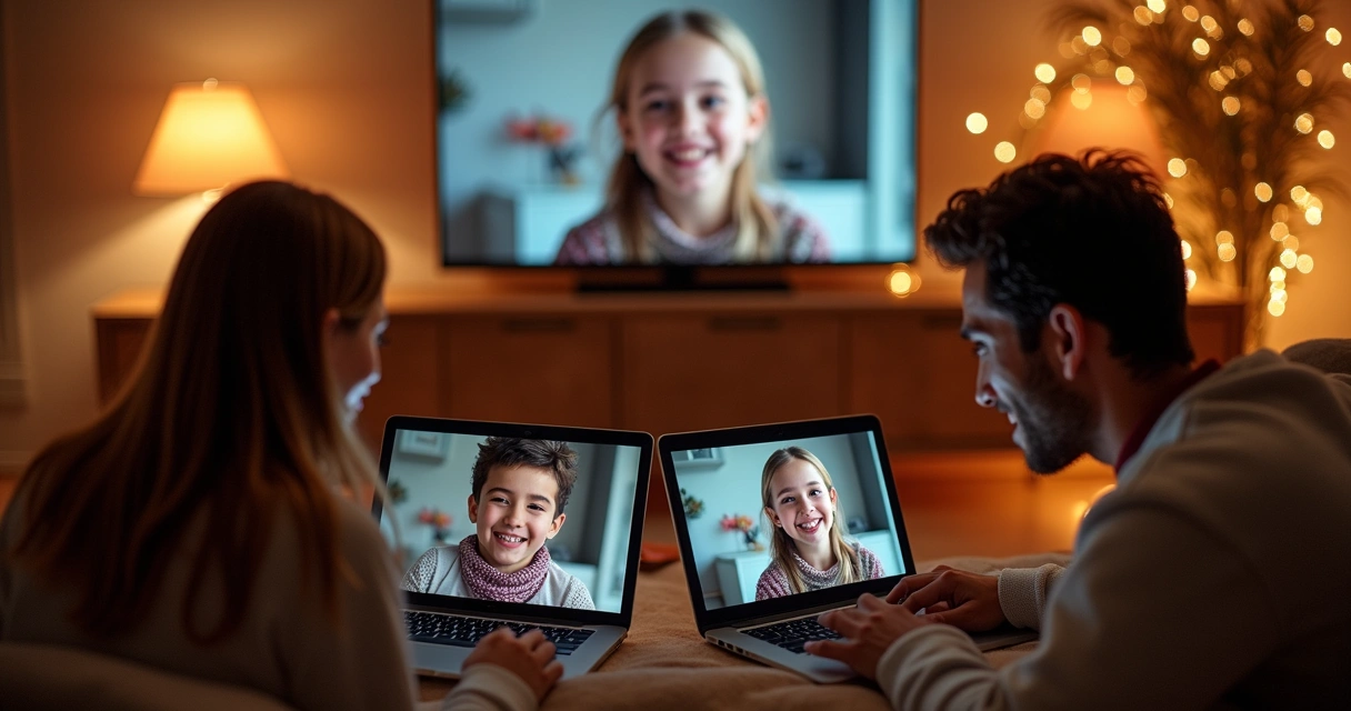 Família reunida em sala de estar, cada um usando um dispositivo para conversar à distância 
