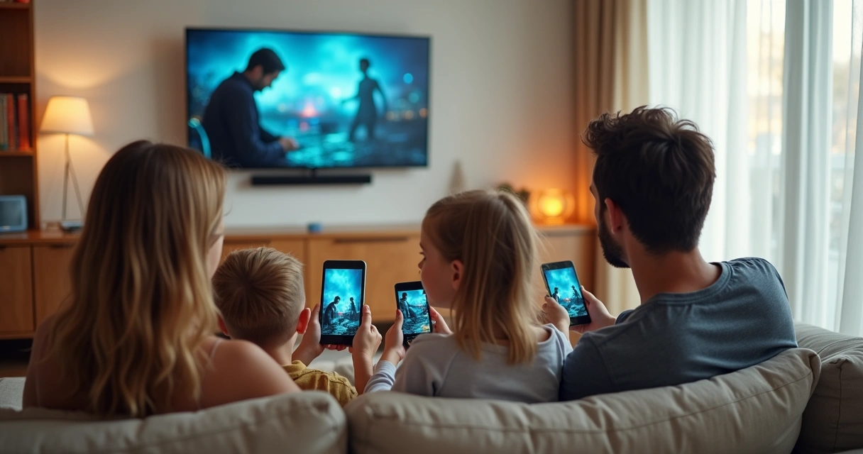 Família conectada em sala de estar com vários dispositivos eletrônicos