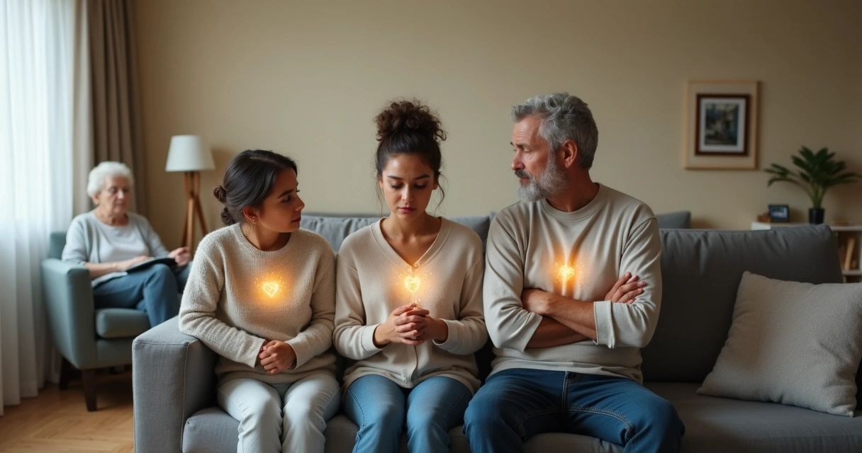 Família em sala de estar conectada por fios sutis de luz 