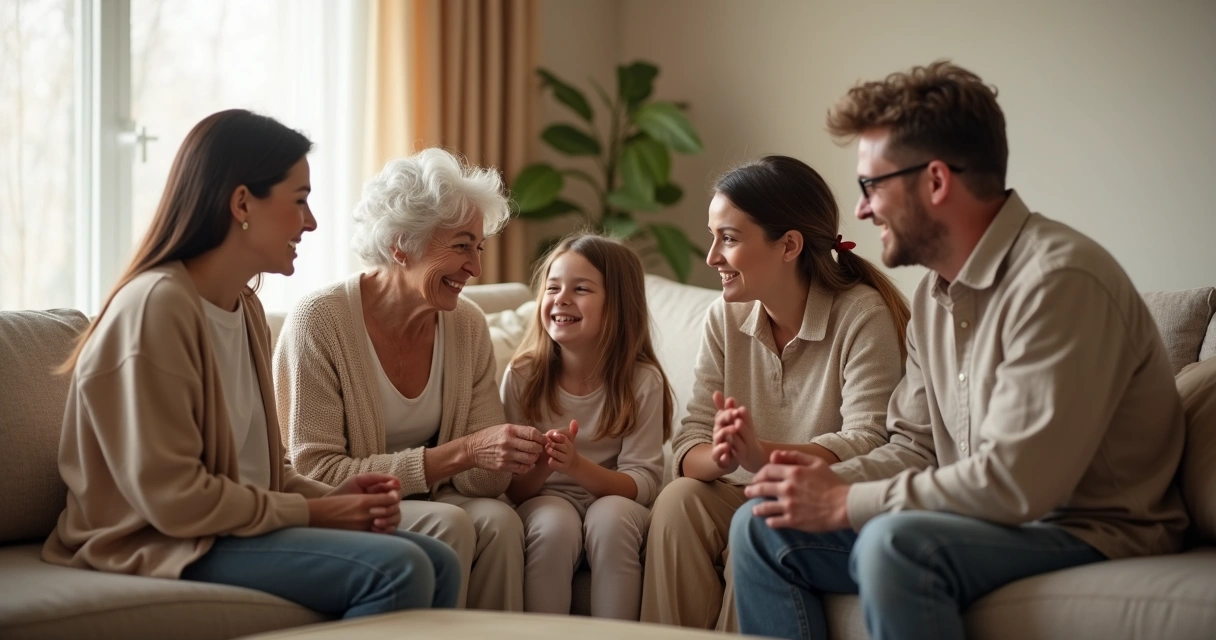 Várias gerações de uma família sentadas em círculo, interagindo de maneira harmoniosa.
