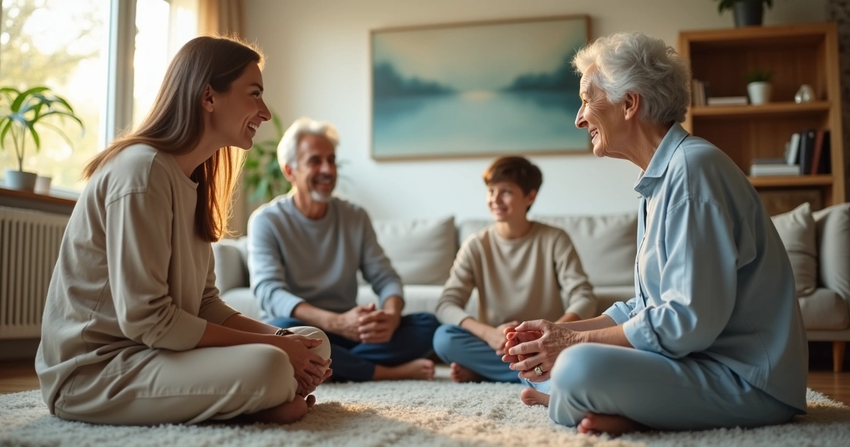 Três gerações de uma família sentadas em círculo em uma sala iluminada 